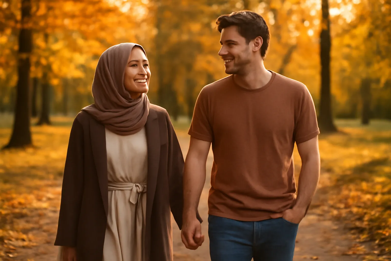 Couple mixte interculturel marchant ensemble dans un parc