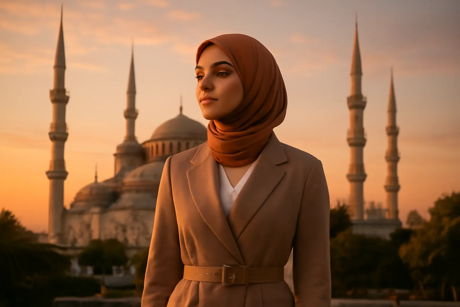 Femme turque devant la Mosquee Bleue a Istanbul