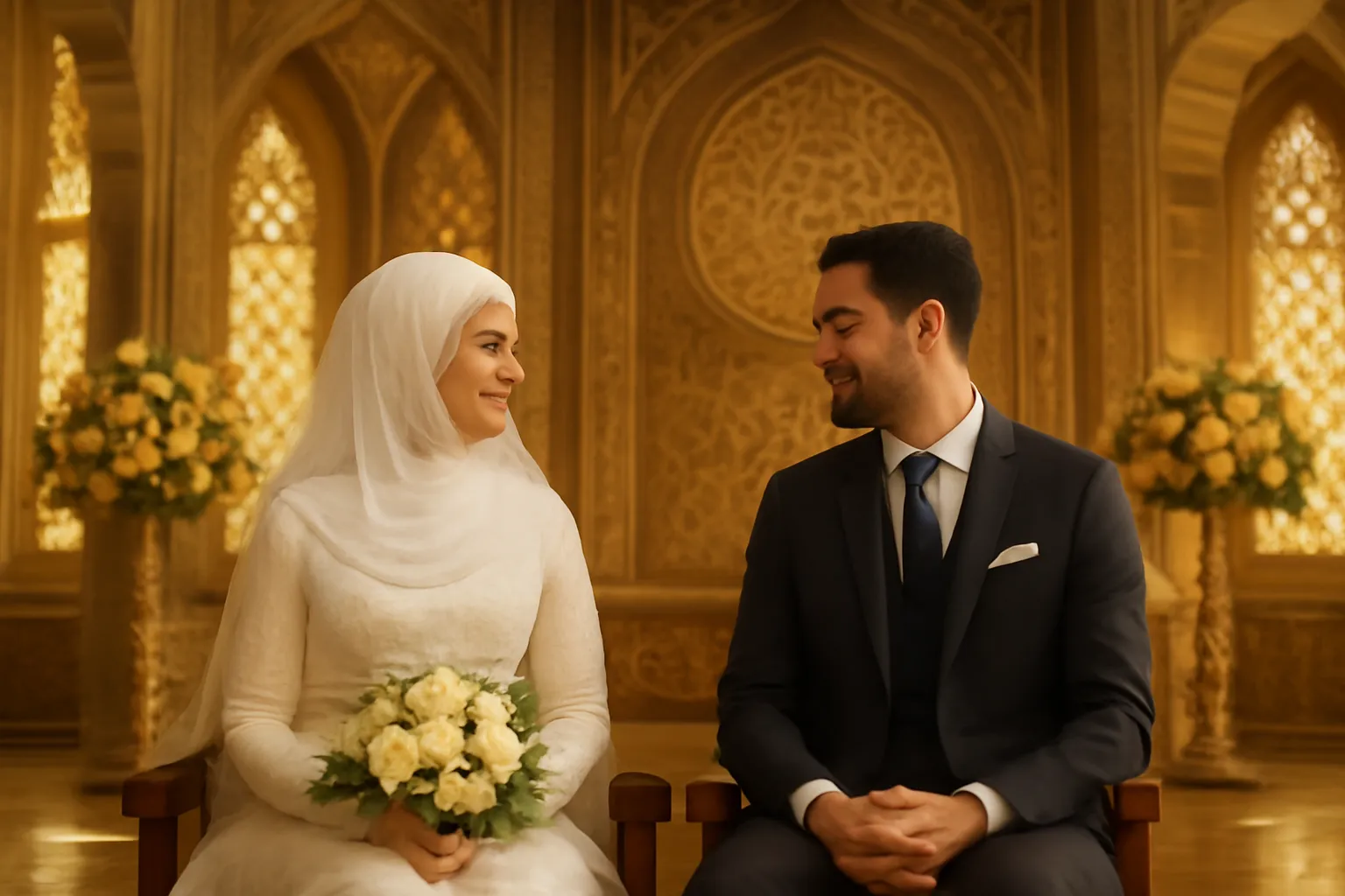 Ceremonie de mariage musulman traditionnelle avec les maries