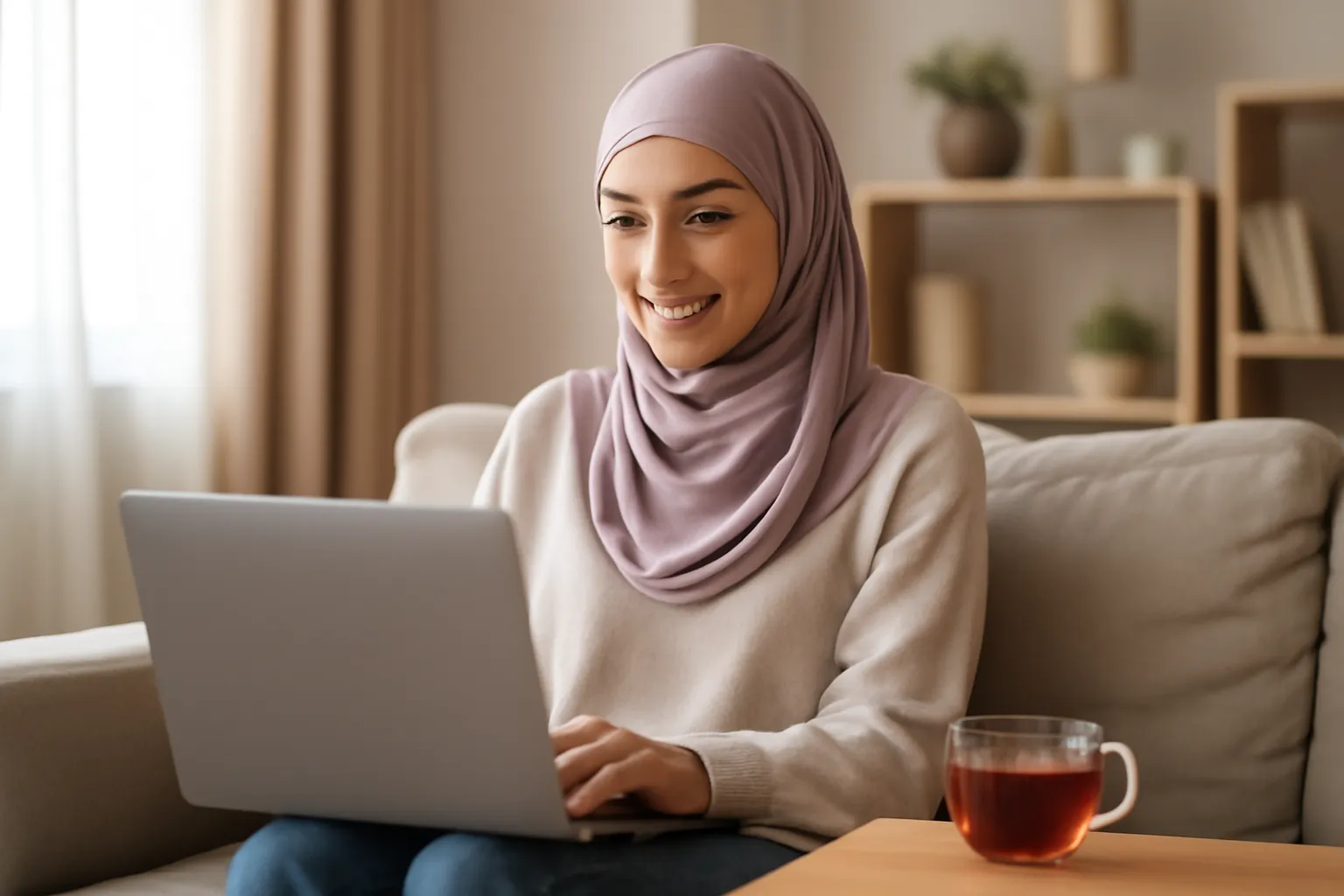 Jeune femme musulmane utilisant un site de rencontre halal sur son ordinateur