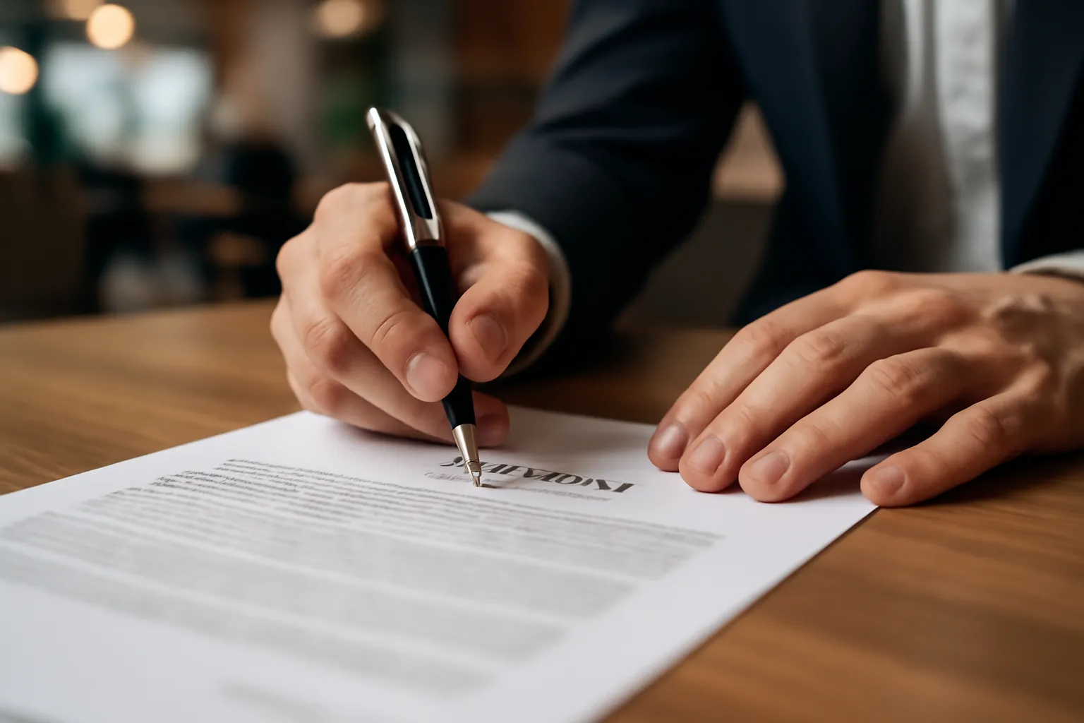 Signature d'un contrat matrimonial sur un bureau en bois