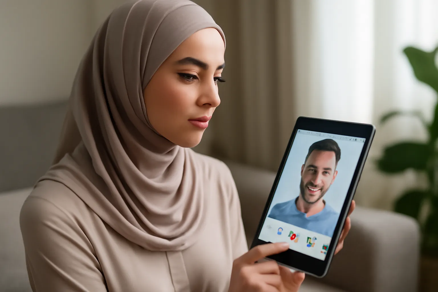 Femme musulmane consultant un profil de rencontre en vue du mariage sur une tablette