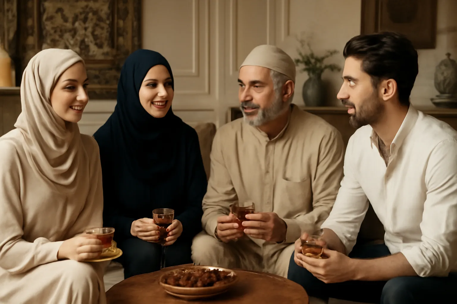 Famille musulmane échangeant autour du thé au sujet d'un projet de mariage