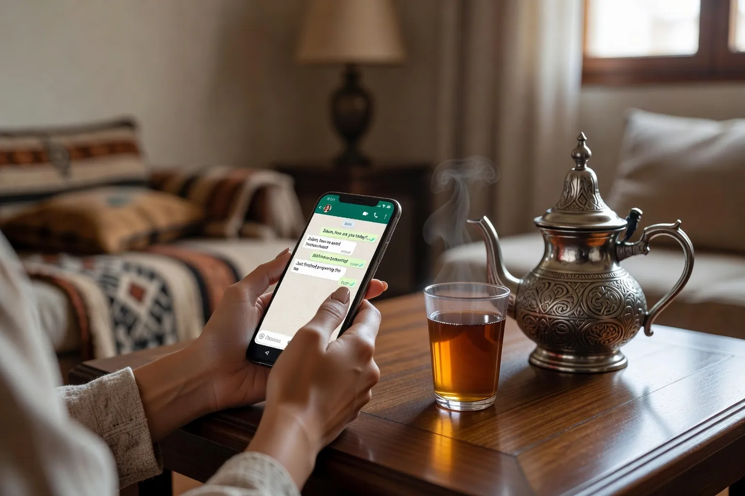 Mains féminines tenant un smartphone, écran avec conversation WhatsApp, thé marocain à côté