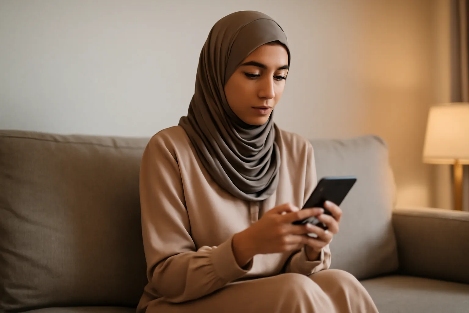 Femme vérifiant avec prudence un message sur son téléphone à la maison