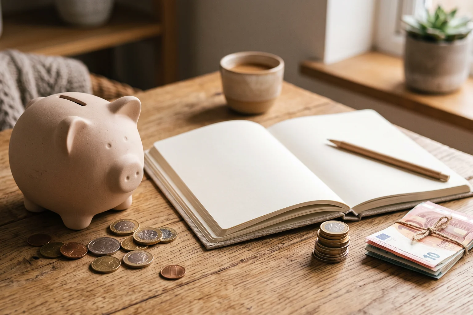 Tirelire et carnet de budget sur une table en bois