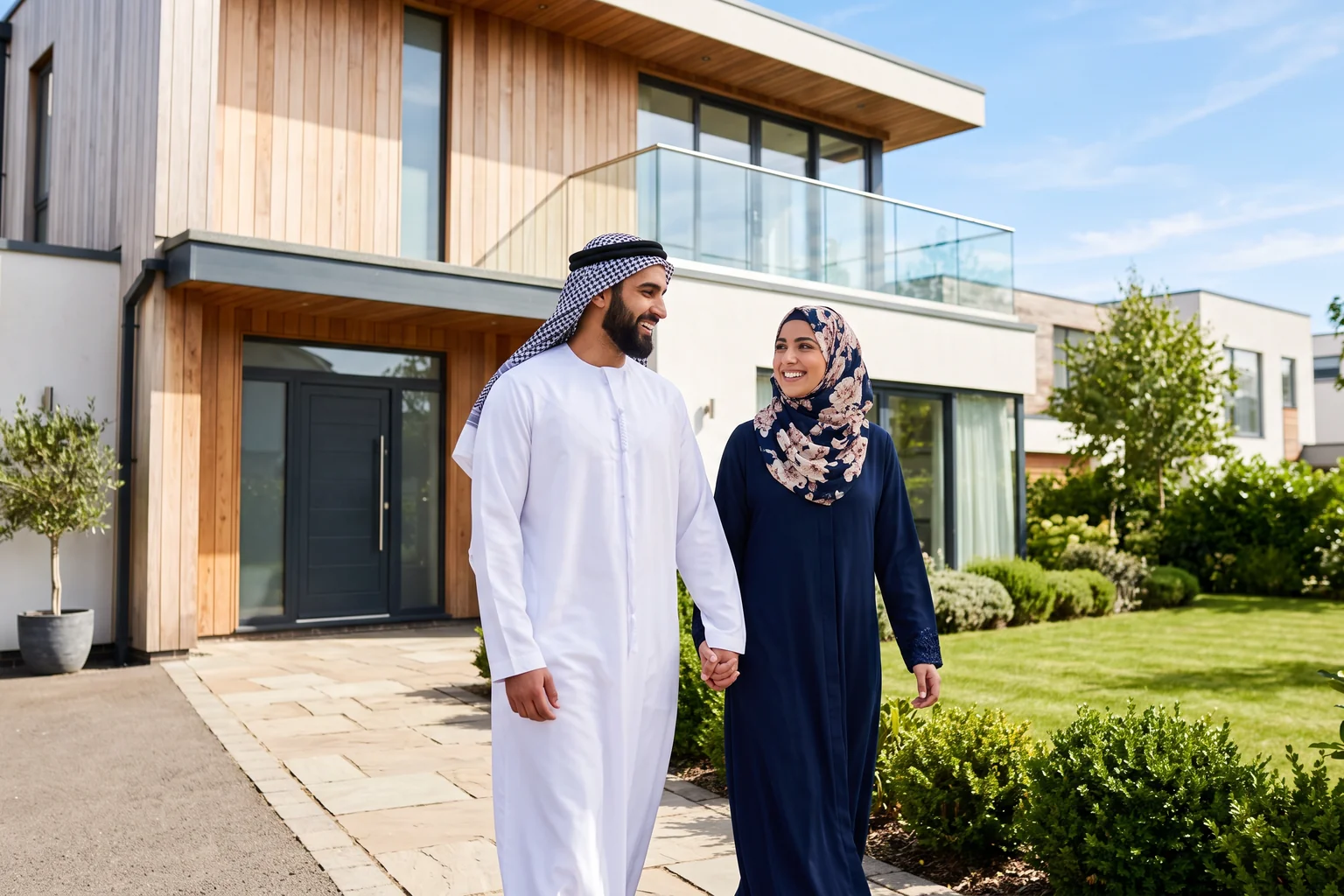 Couple musulman devant une maison moderne, projet immobilier familial