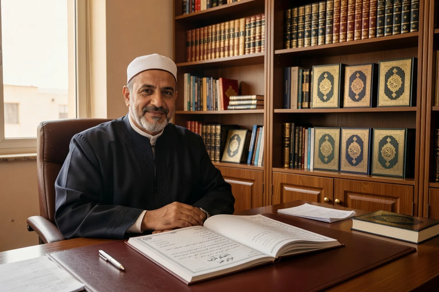Imam dans son bureau de médiation, livres et Coran sur étagères