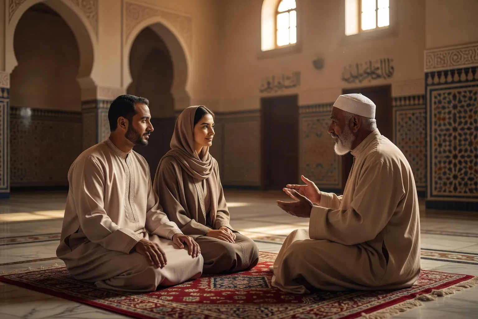 Couple mixte avec un imam dans une mosquée, ambiance conciliante