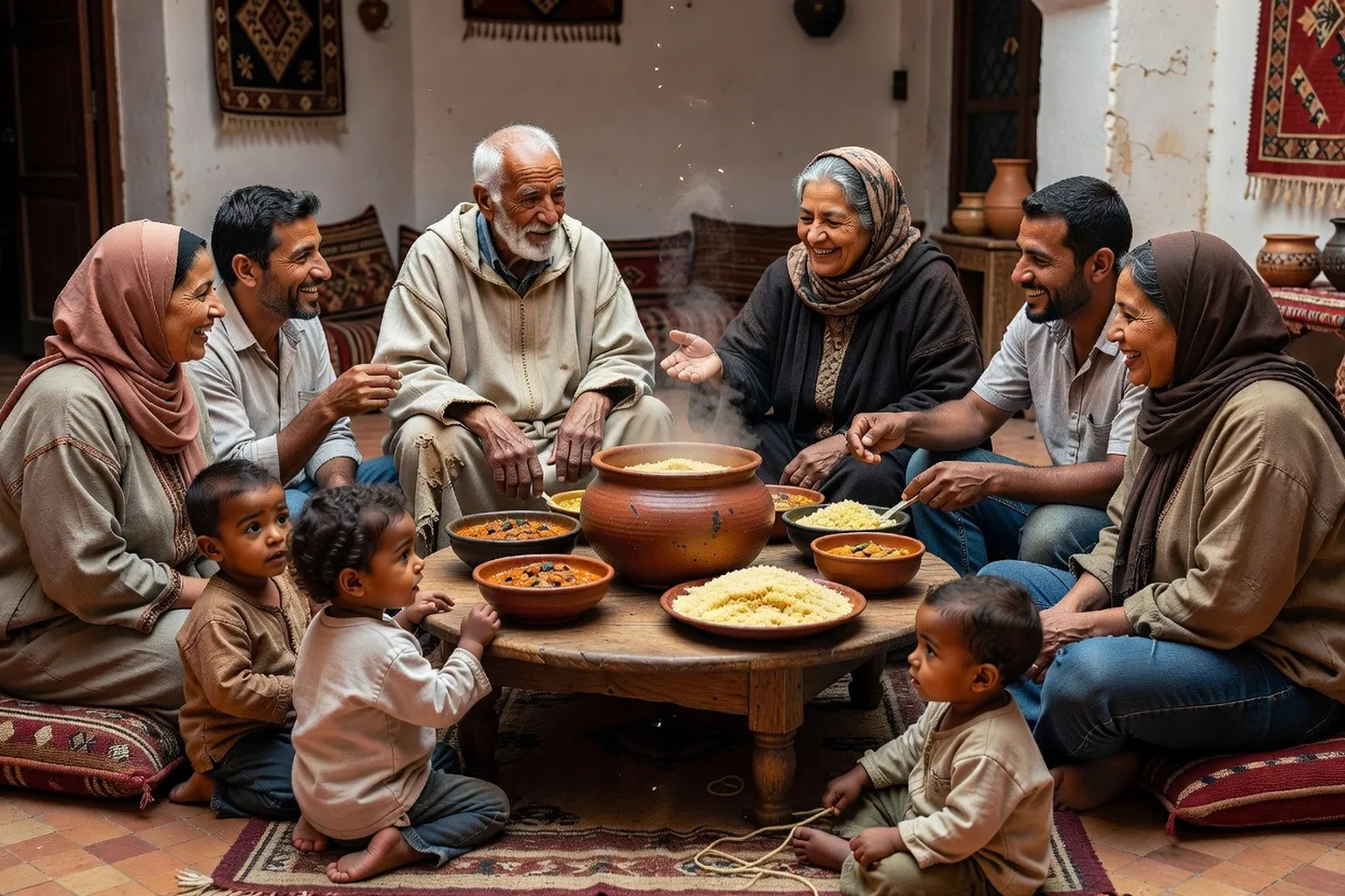 Scène de famille maghrébine élargie à table autour d'un couscous traditionnel