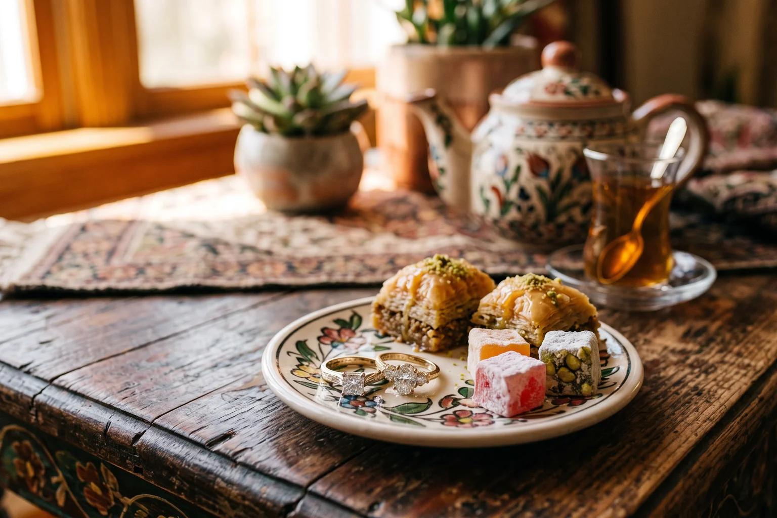 Bagues de fiançailles et petits gâteaux orientaux sur une table décorée