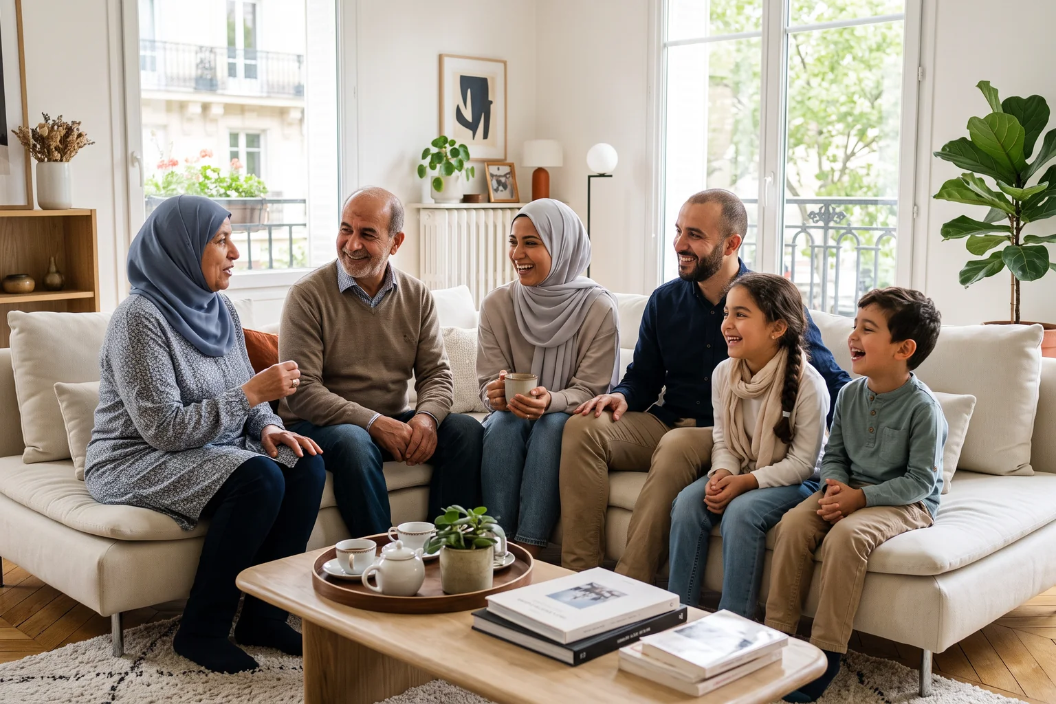 Famille musulmane réunie pour discuter du projet de mariage dans un salon lumineux