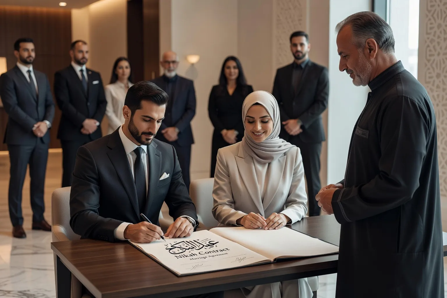 Cérémonie Nikah moderne avec imam, couple musulman élégant et contrat sur table