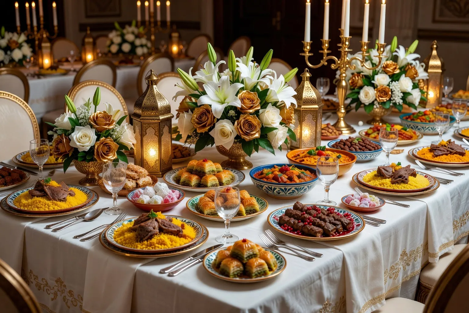 Walima banquet de mariage musulman avec table somptueuse et fleurs blanches