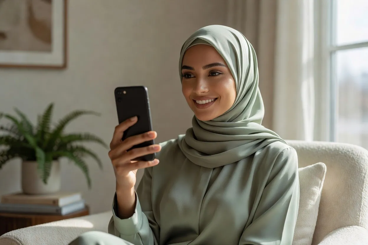 Femme musulmane utilisant l'appel vidéo intégré à l'application Muzz