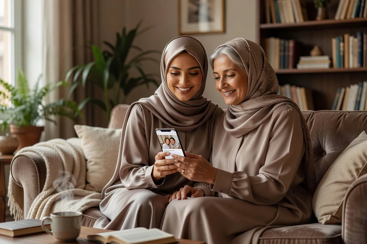 Femme musulmane montrant l'application Muzz à un proche de confiance