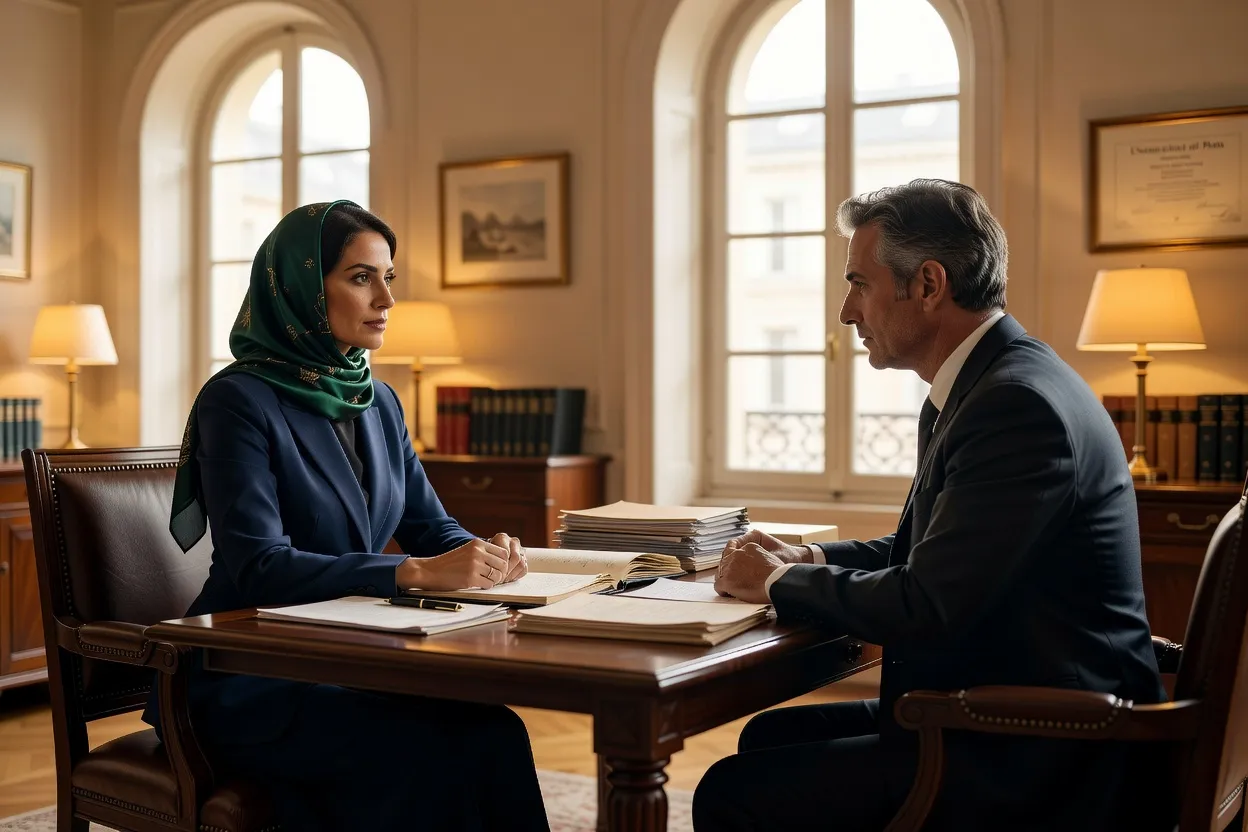 Femme musulmane en consultation avec un avocat dans un bureau