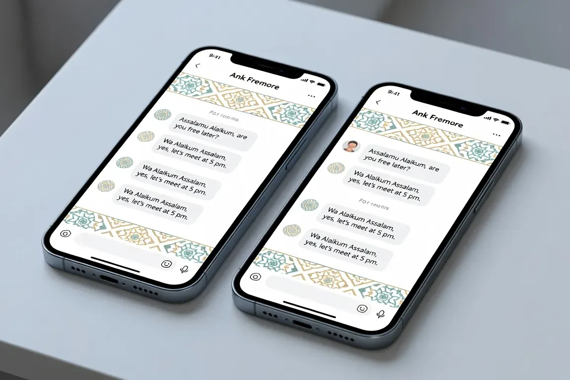 Deux smartphones affichant une interface de messagerie halal moderne