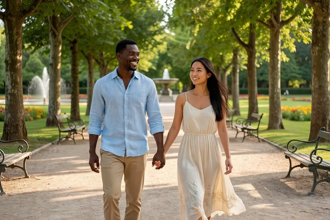 Couple interculturel souriant dans un parc