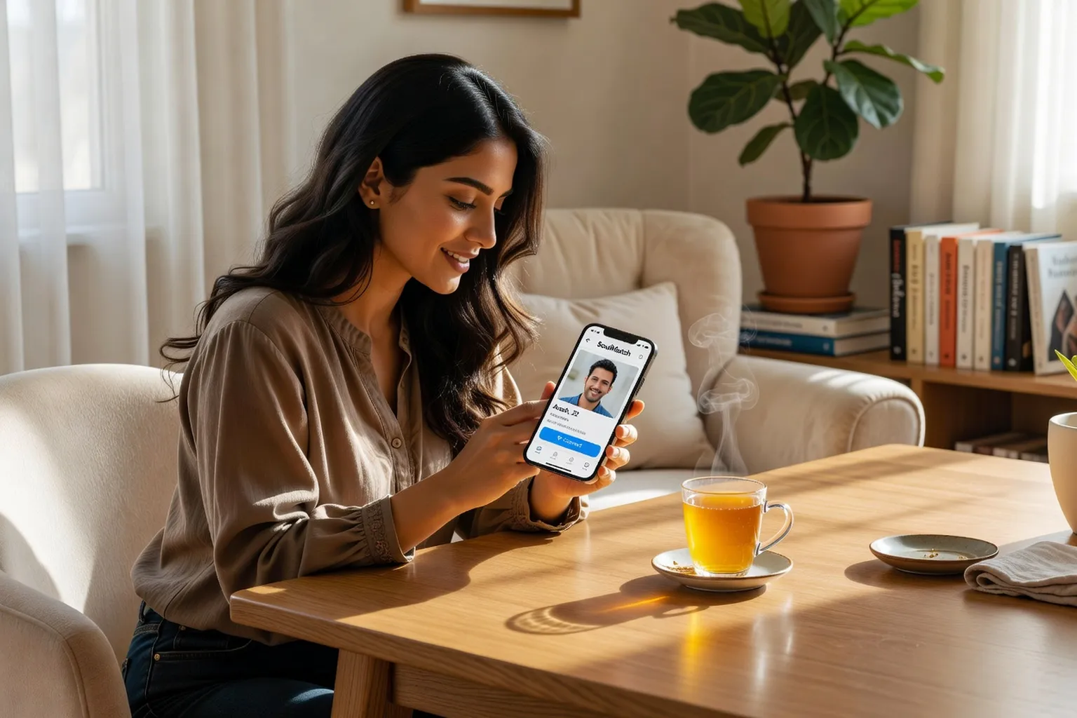 Jeune femme persane consultant son smartphone avec interface site de rencontre