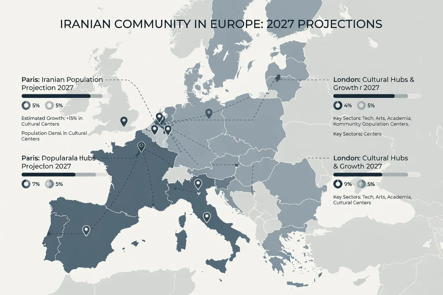 Carte stylisée de la communauté iranienne en Europe avec annotations 2027