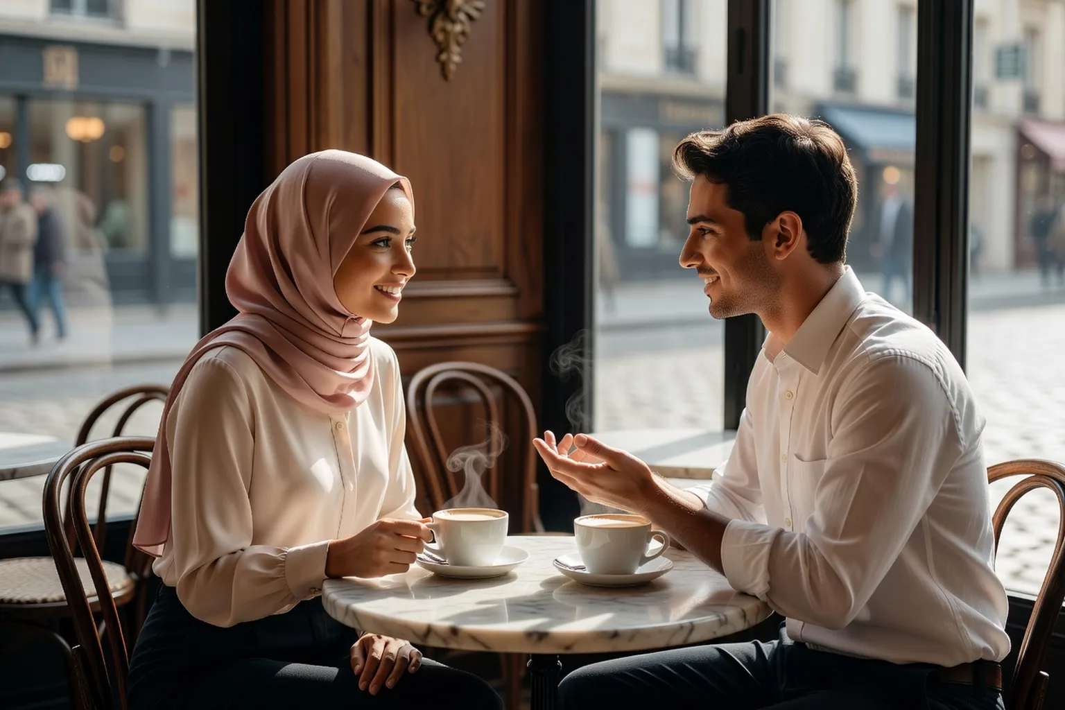 Couple musulman moderne en discussion dans un café parisien