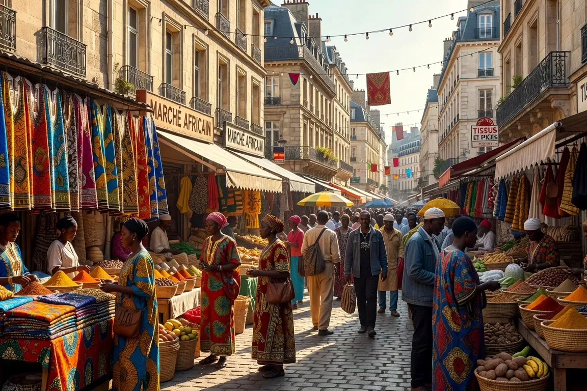 Marché africain coloré dans une ville française, atmosphère multiculturelle