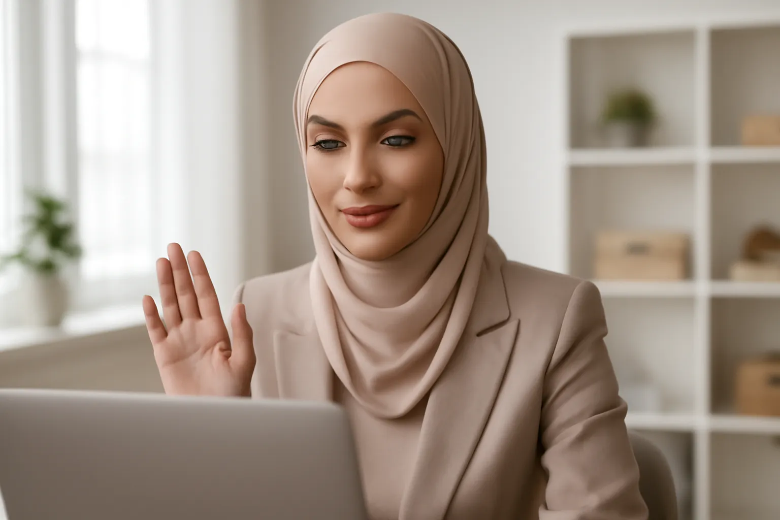 Femme musulmane vérifiant l'identité d'un prétendant lors d'un appel vidéo