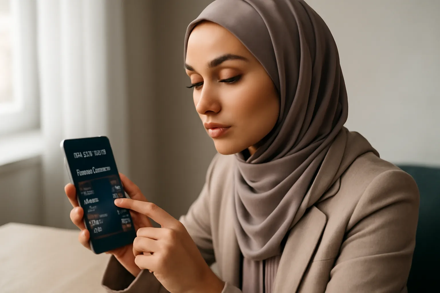 Femme musulmane réglant les paramètres de confidentialité de son profil de rencontre