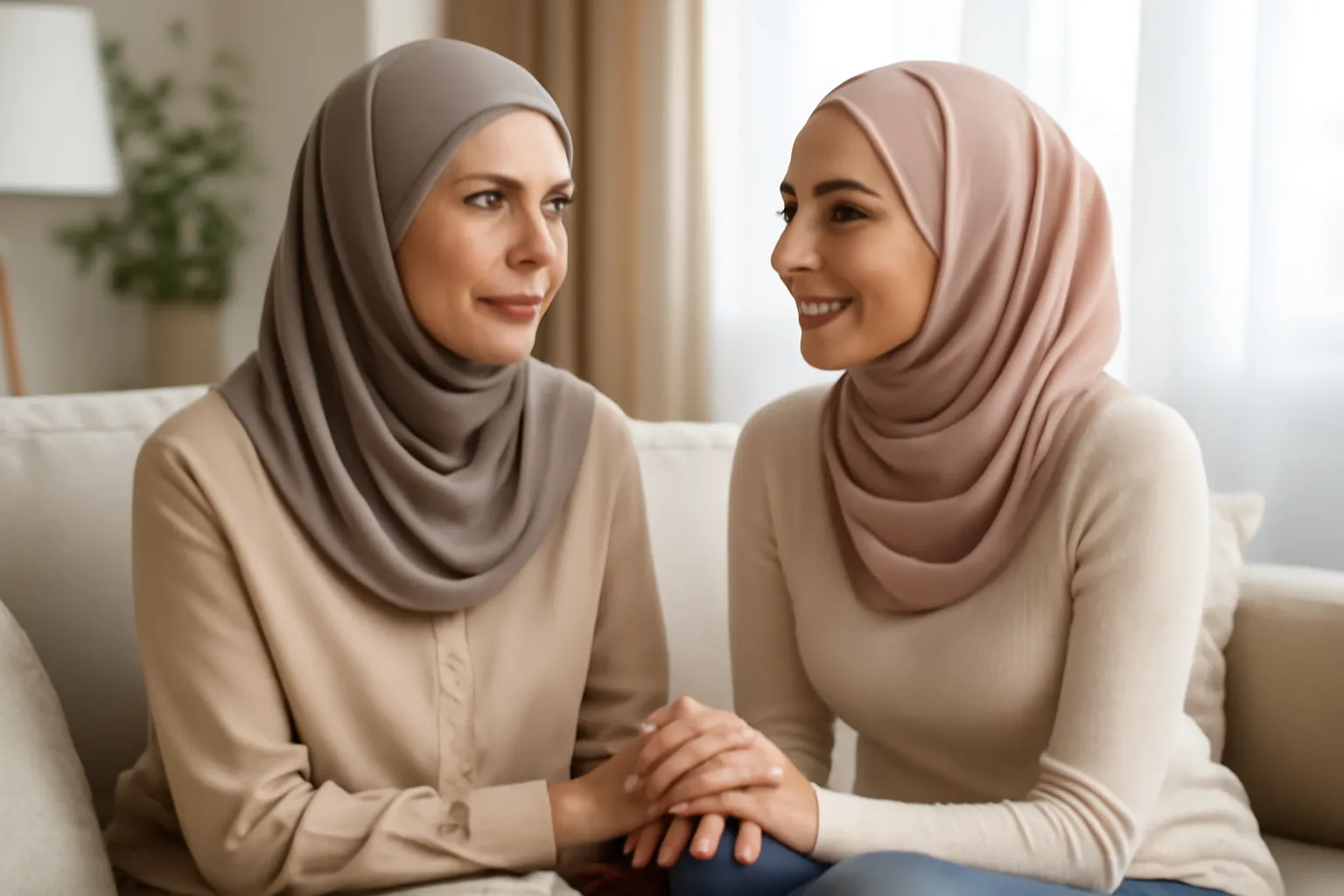 Femme musulmane de plus de 50 ans discutant de son projet de remariage avec sa fille adulte
