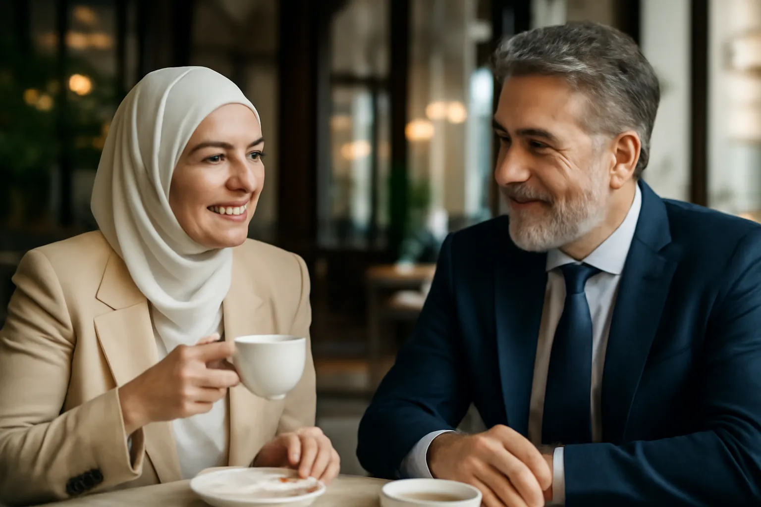 Couple de musulmans de plus de 50 ans échangeant autour d'un thé dans un café