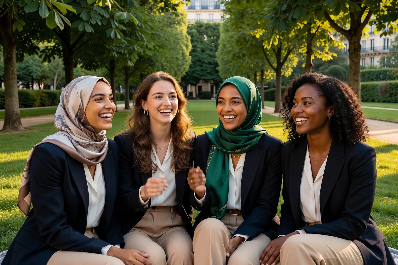 Groupe de quatre jeunes femmes musulmanes françaises souriantes dans un parc parisien
