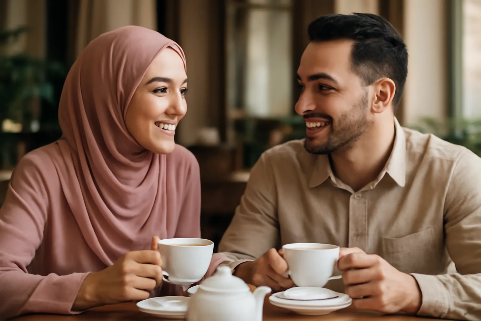 Couple musulman discutant chaleureusement autour d'un the