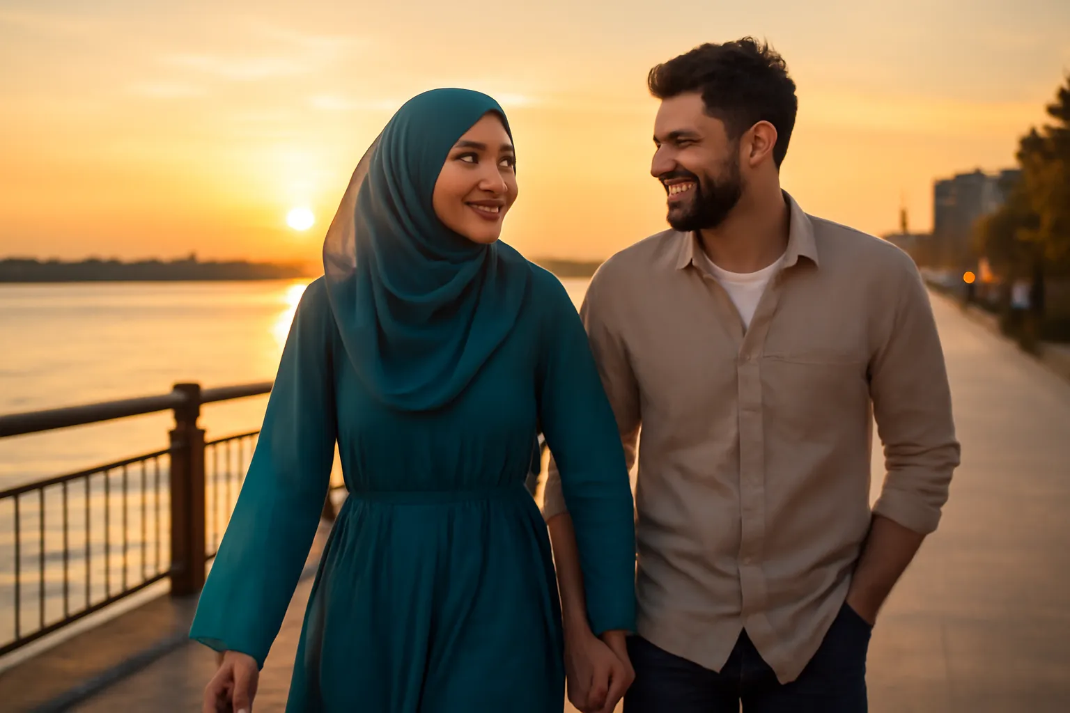 Couple musulman se promenant au coucher du soleil