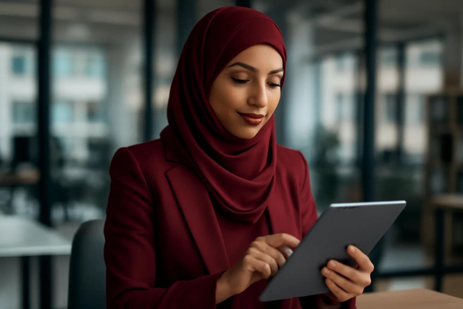 Femme musulmane moderne utilisant une tablette