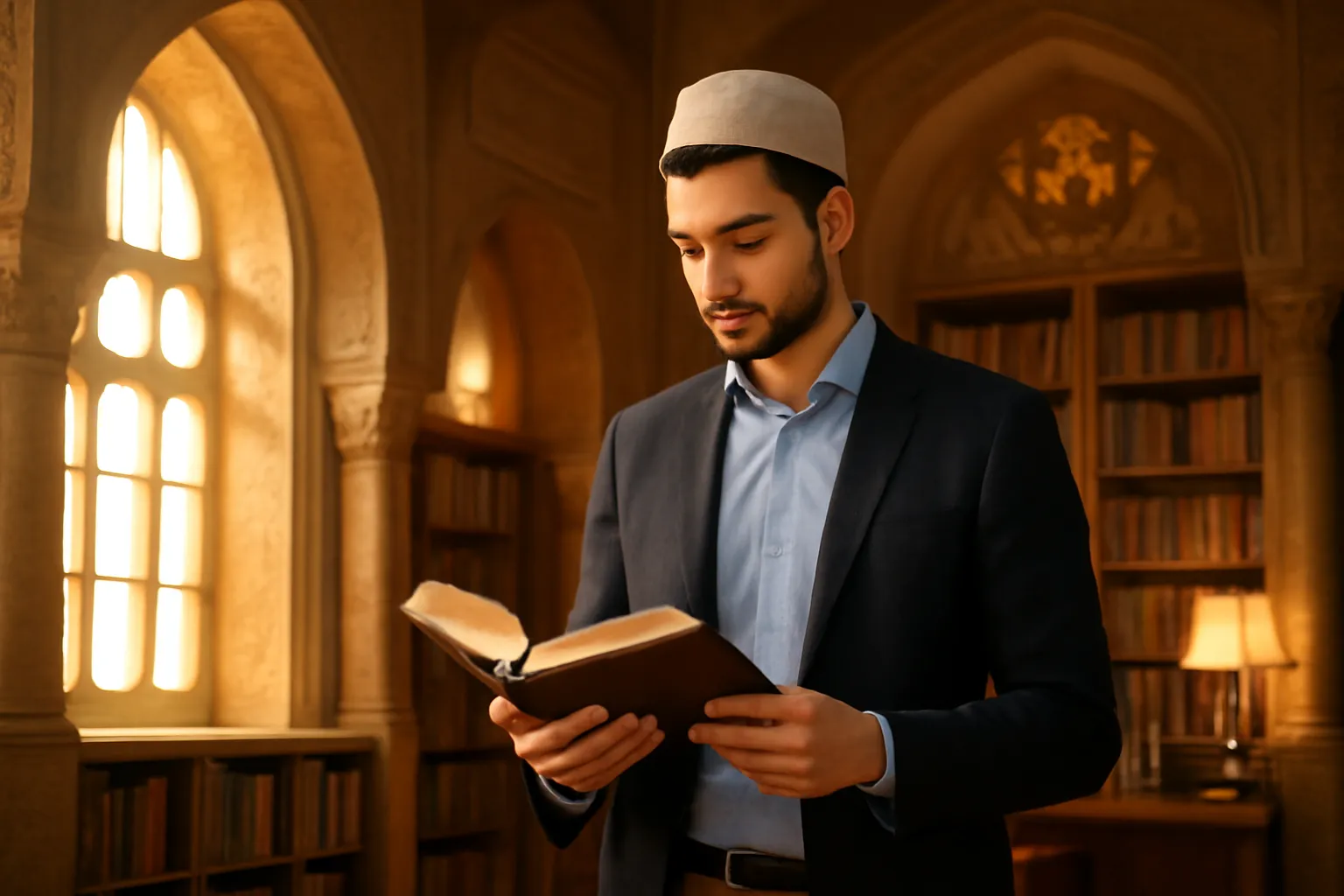 Jeune homme musulman lisant dans une bibliotheque avec architecture islamique