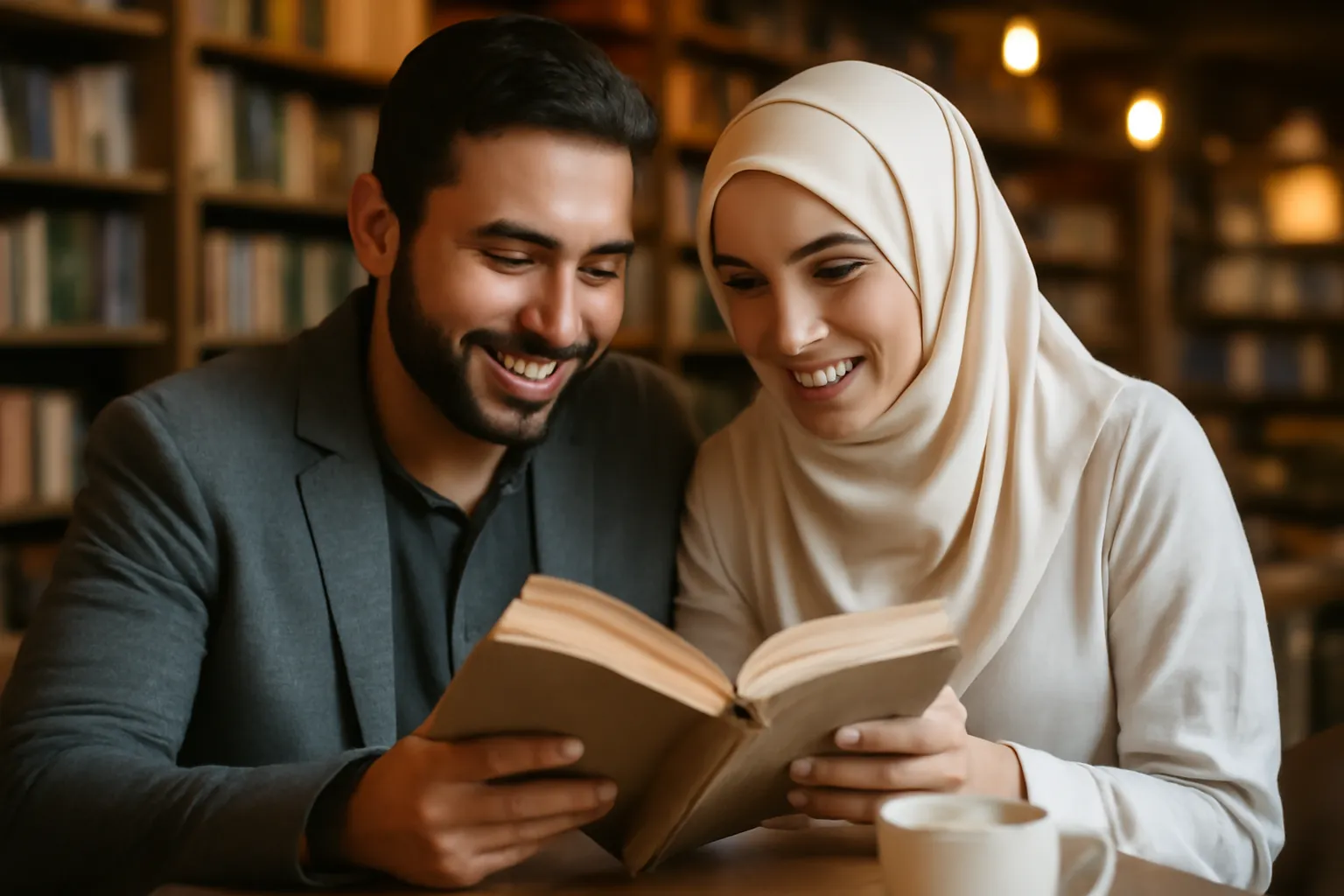 Couple musulman souriant dans un cafe librairie