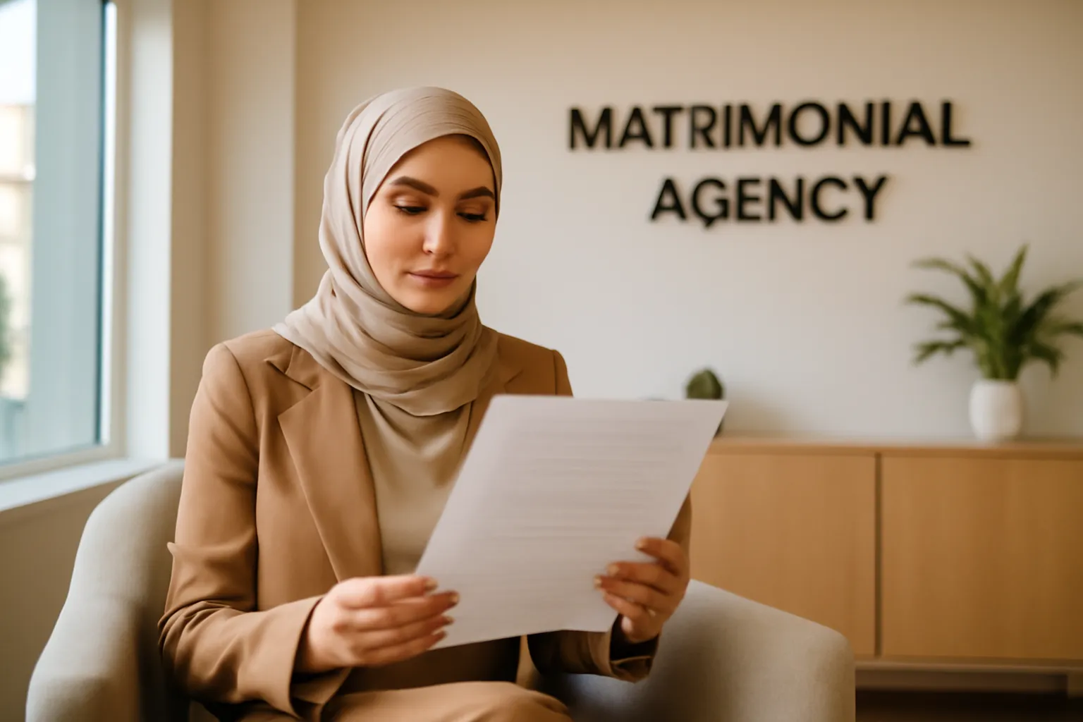 Femme musulmane consultant un contrat dans le hall d'une agence matrimoniale