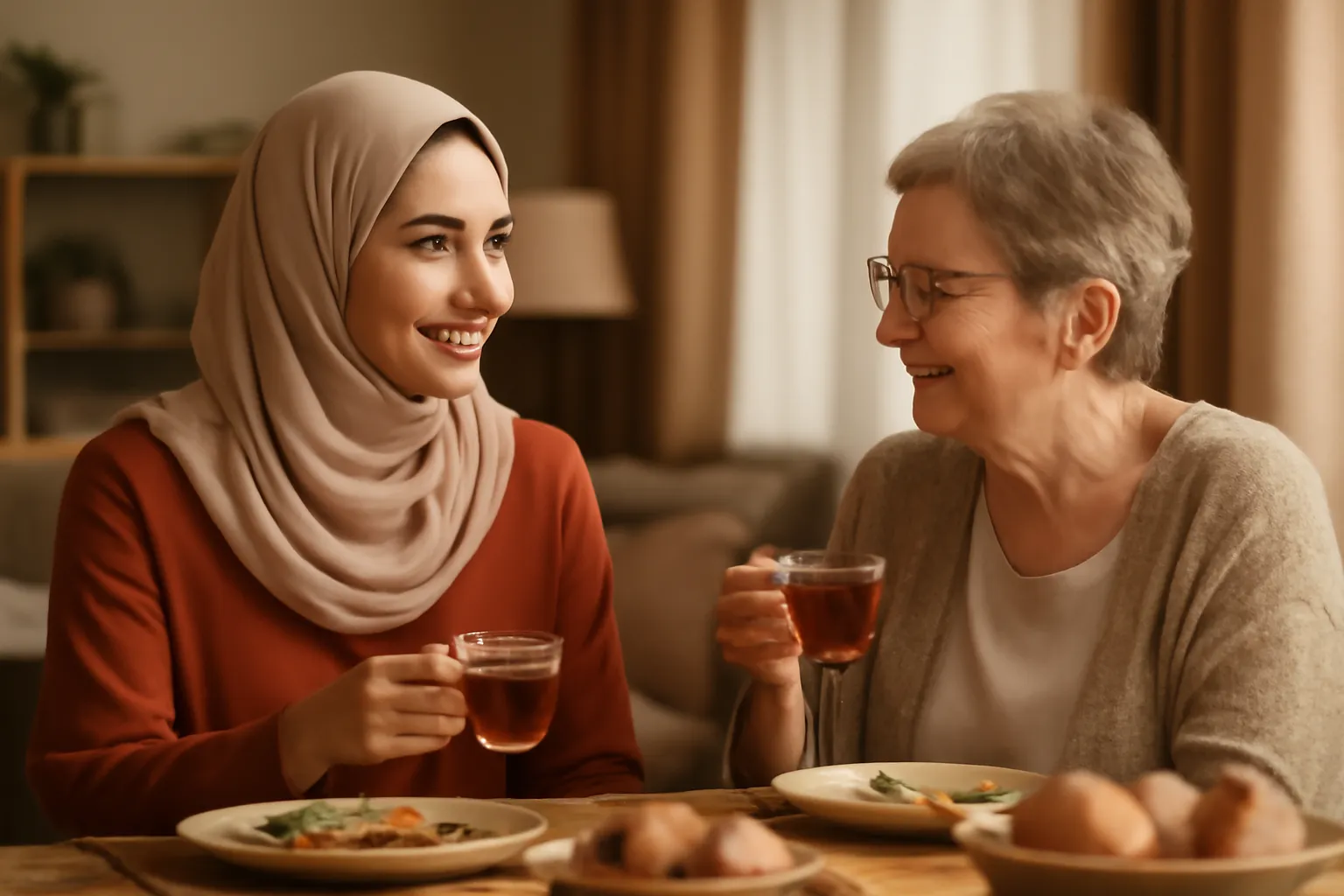 Belle-fille voilée et belle-mère partageant un thé et un repas en riant