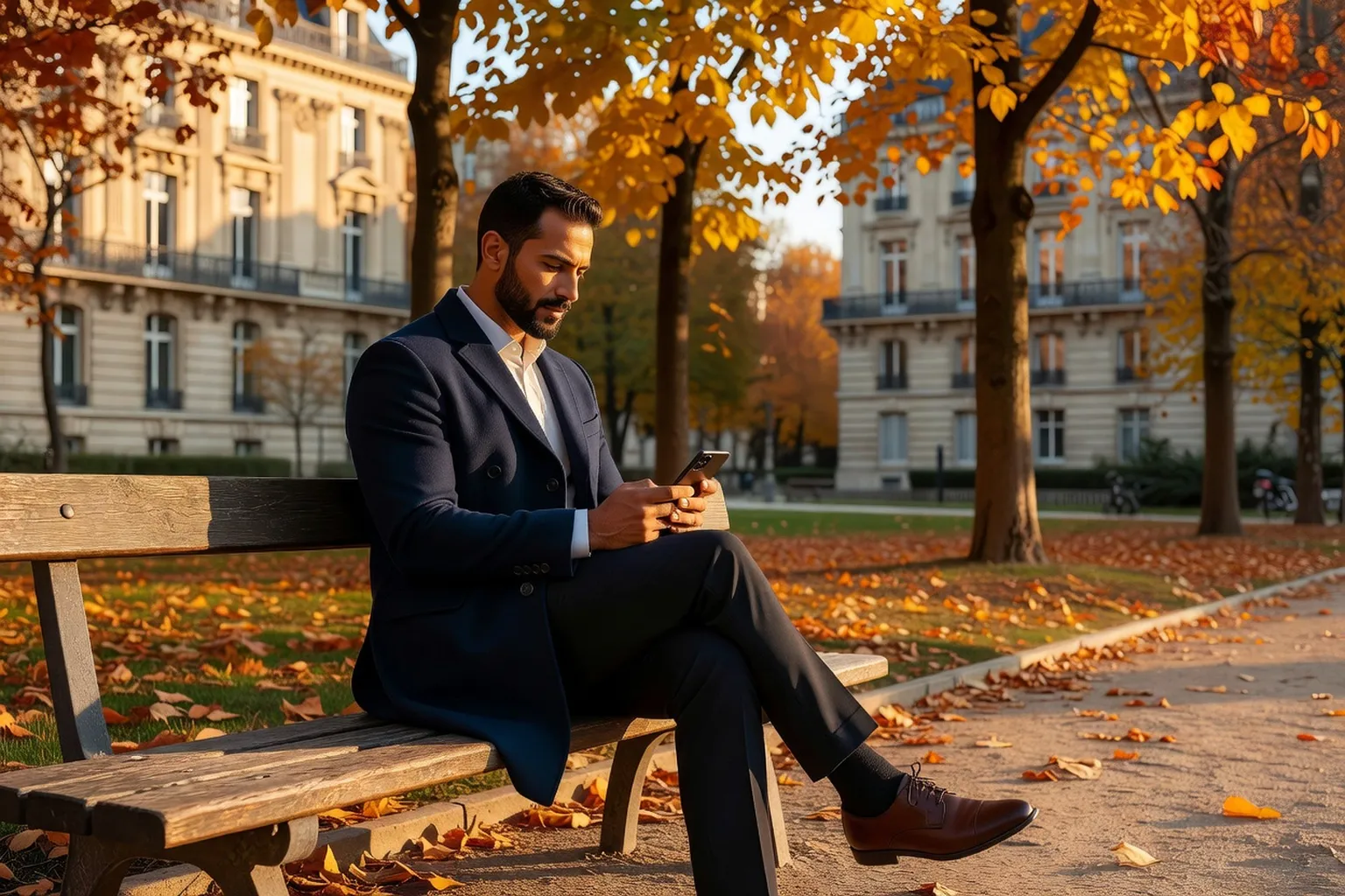 Homme musulman élégant assis dans un parc parisien, smartphone à la main