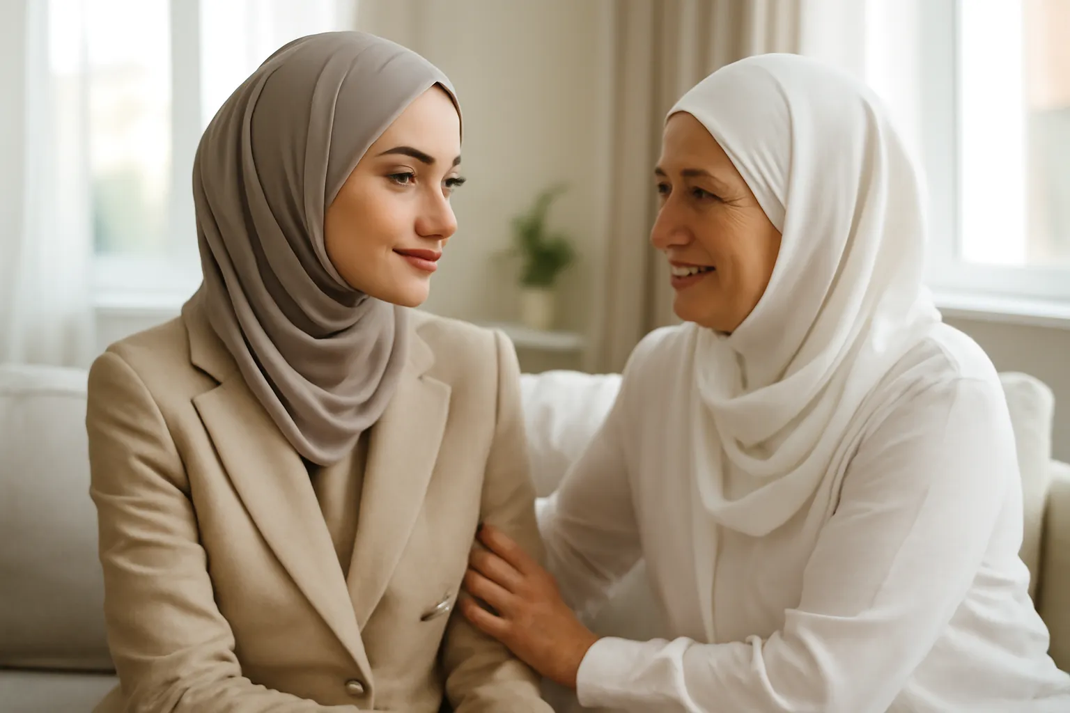 Femme musulmane échangeant avec sa famille au sujet d’une rencontre en vue du mariage