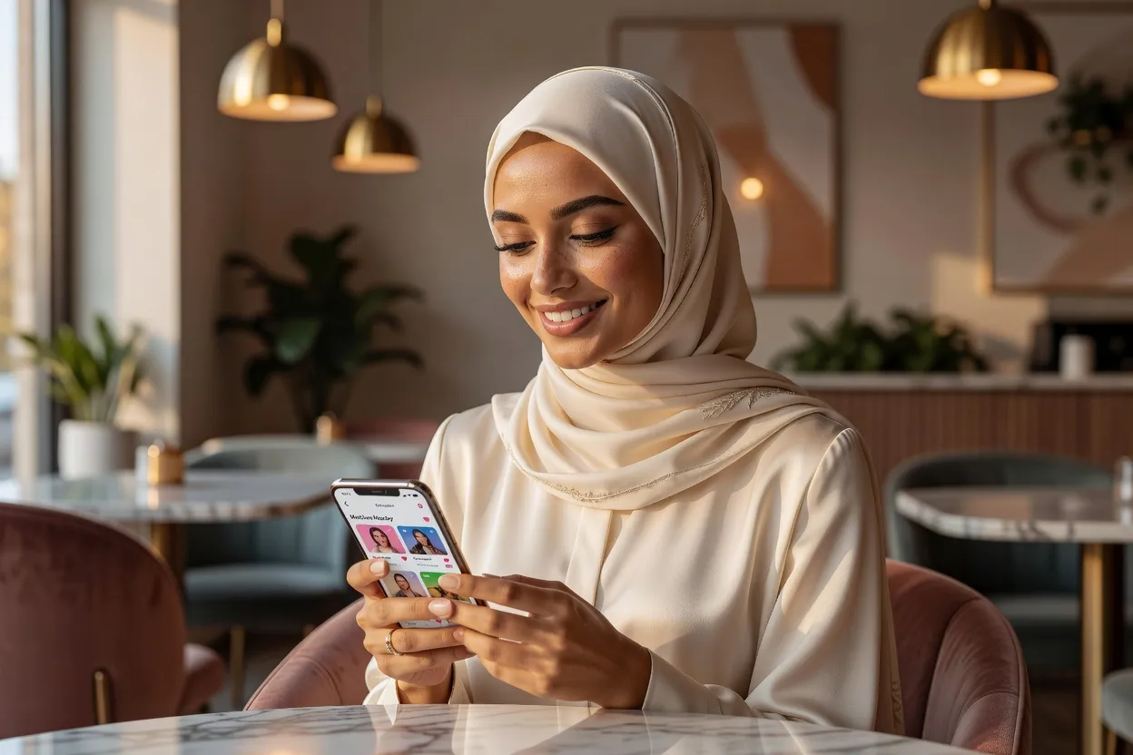 Femme musulmane souriante consultant l'application Muzz sur son smartphone