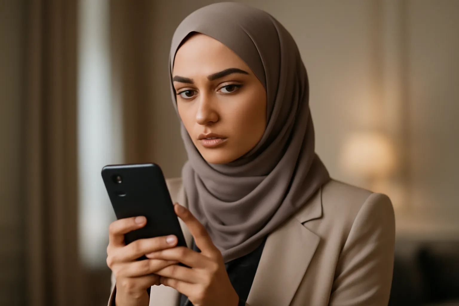 Femme musulmane réglant avec prudence la visibilité de sa photo de profil