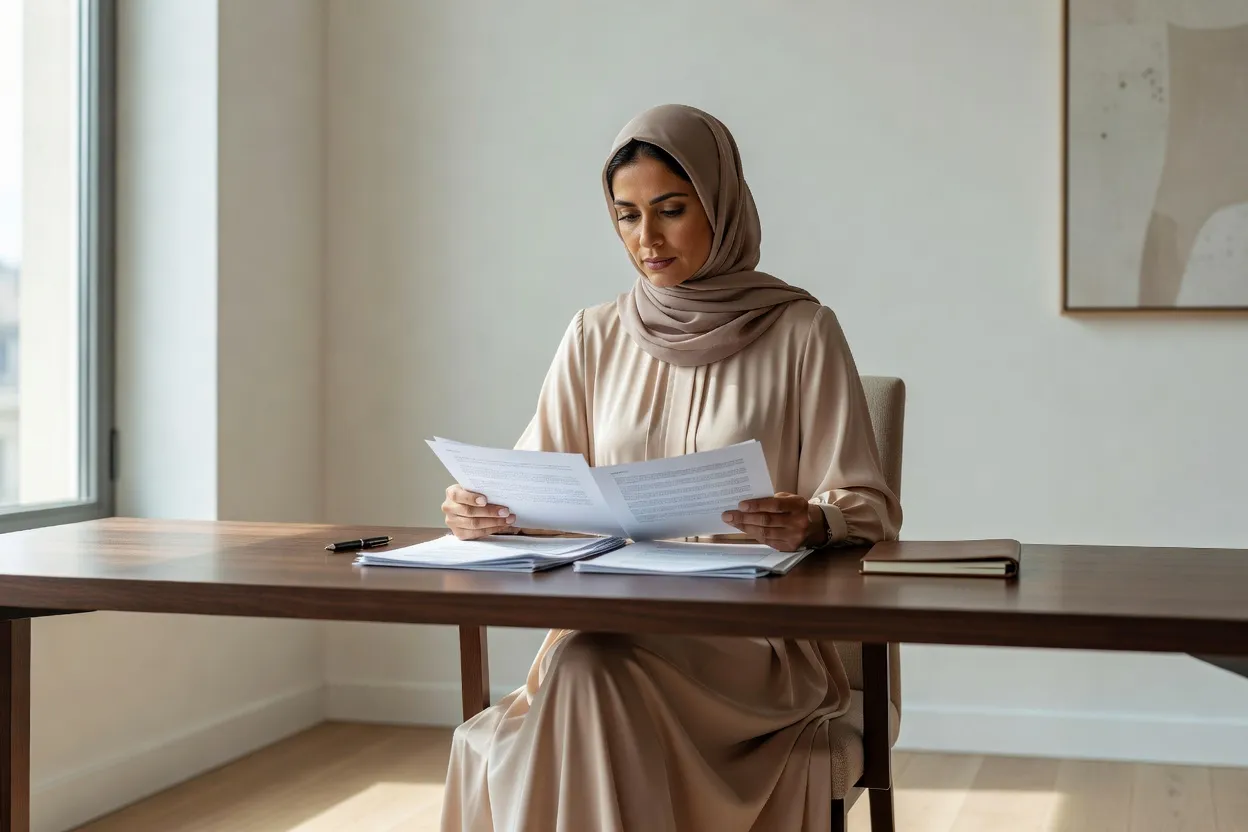 Femme musulmane consultant des documents juridiques à un bureau