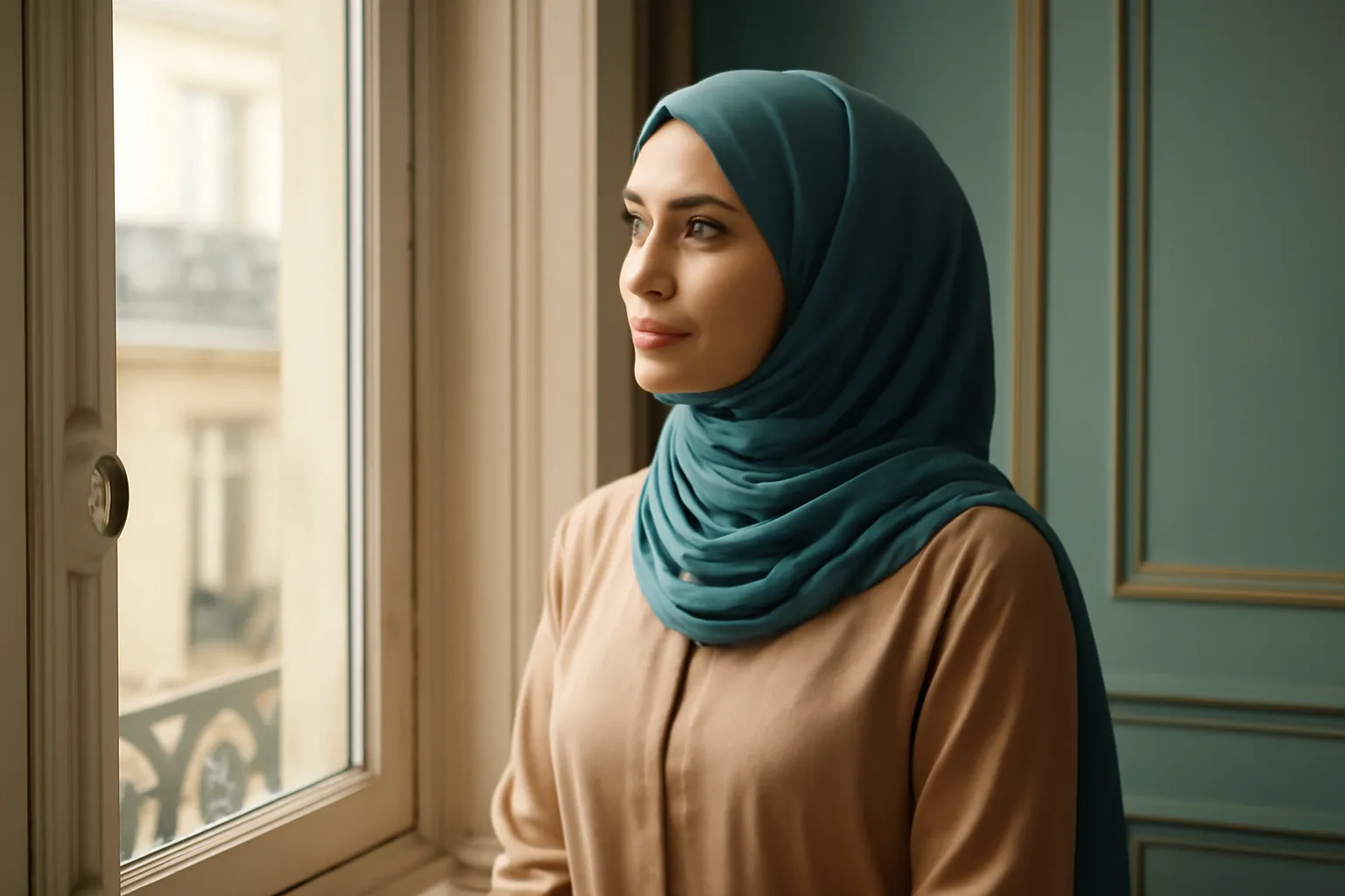 Femme musulmane sereine entamant une nouvelle étape de vie après un divorce
