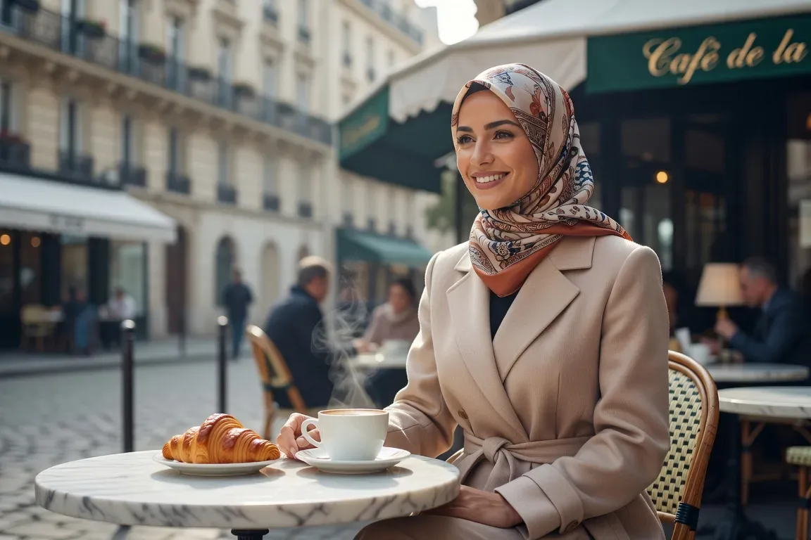 Femme maghrébine souriante dans un café parisien