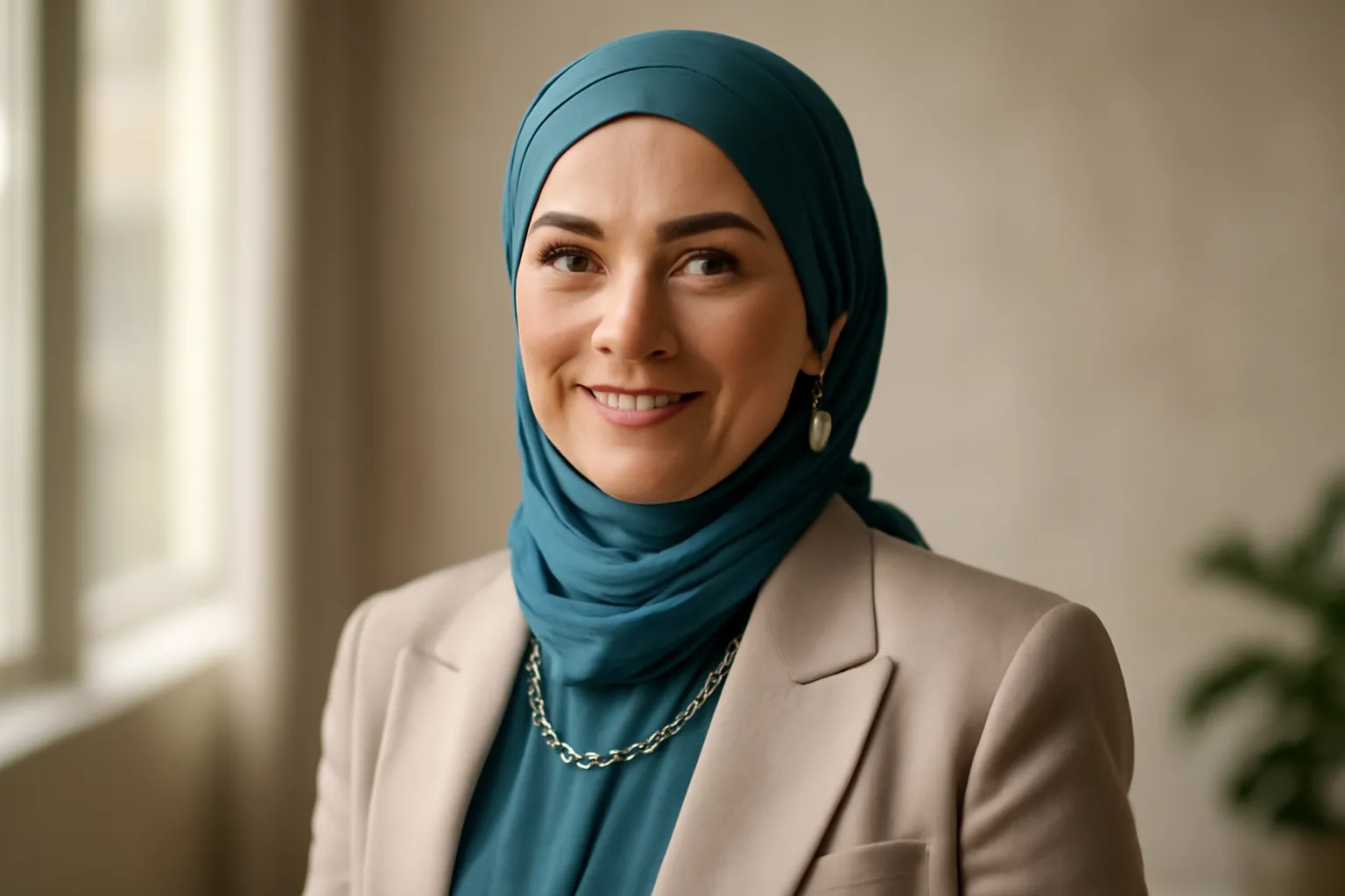 Femme musulmane épanouie de plus de 40 ans souriante