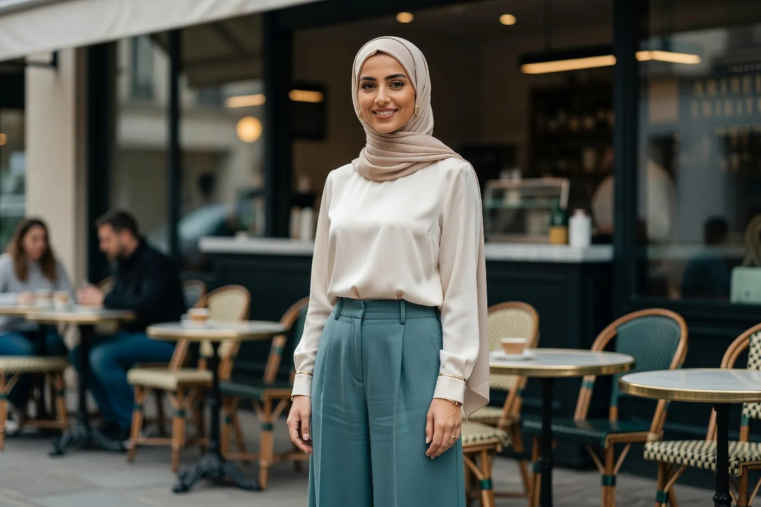 Jeune femme musulmane en hijab moderne dans un café parisien