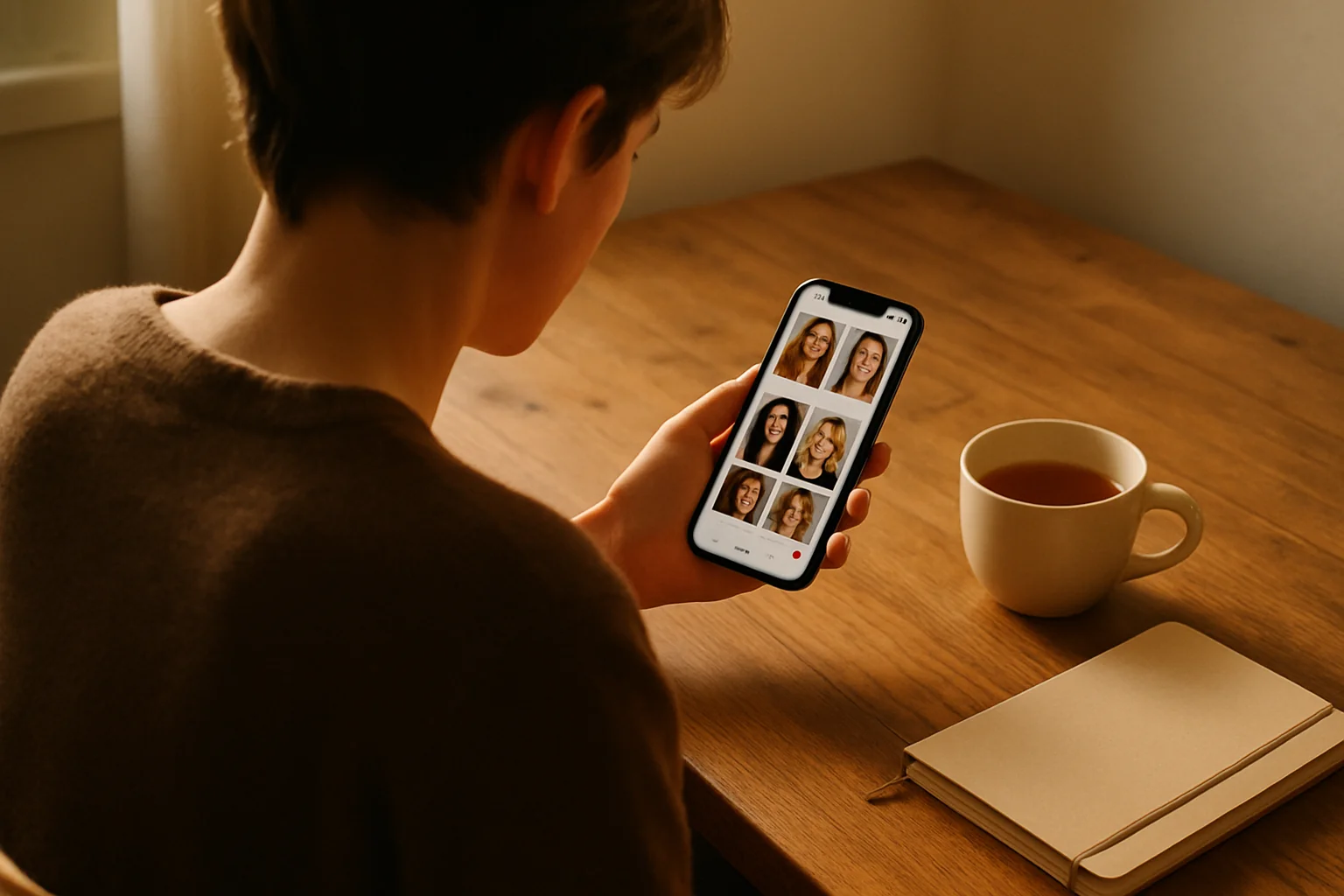 Personne consultant un comparatif de sites de rencontre musulmans sur un smartphone posé sur une table
