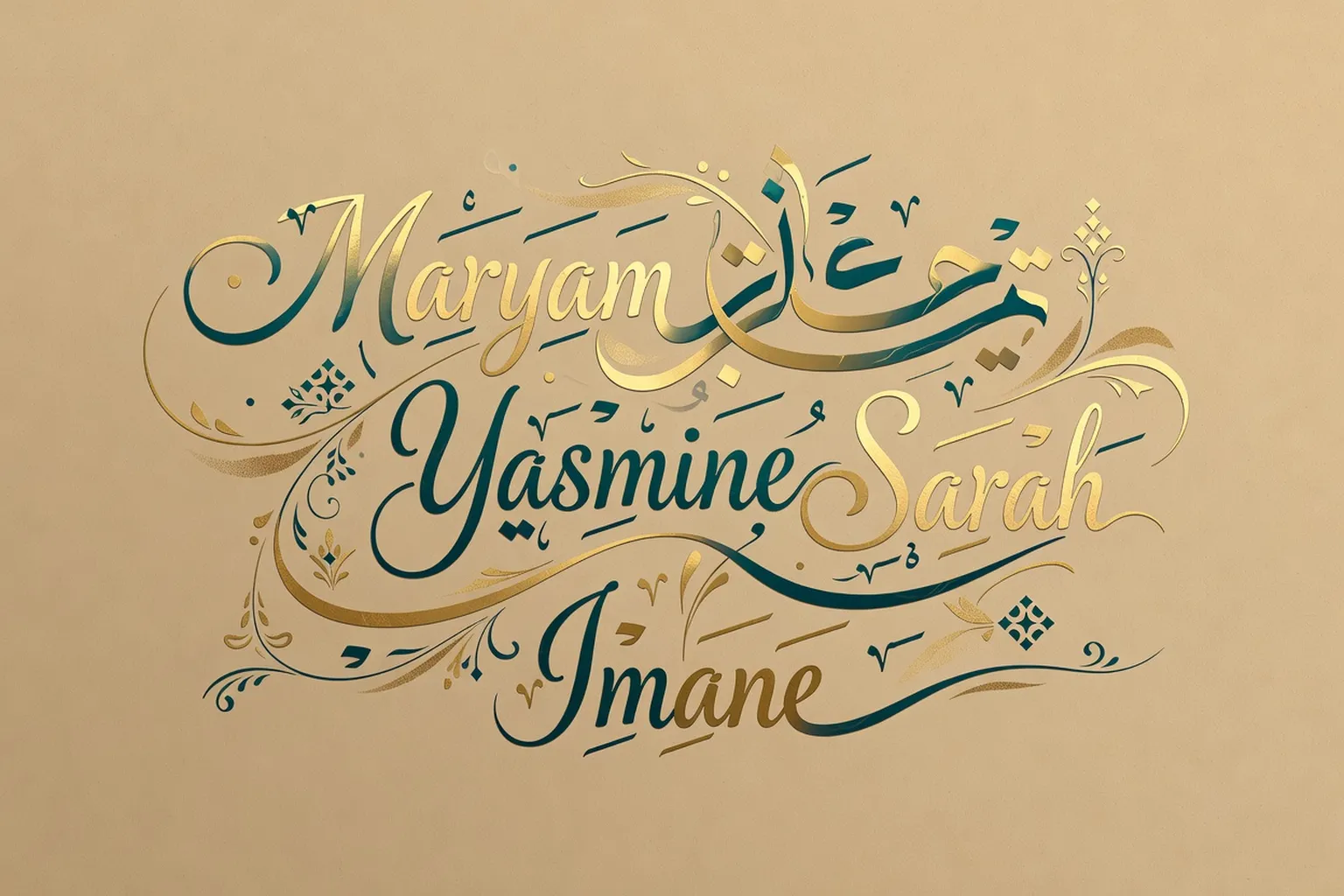 Calligraphie arabe artistique avec prénoms féminins musulmans